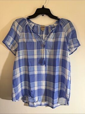 Como Vintage Blue and White Plaid Short Sleeve Peasant Blouse
